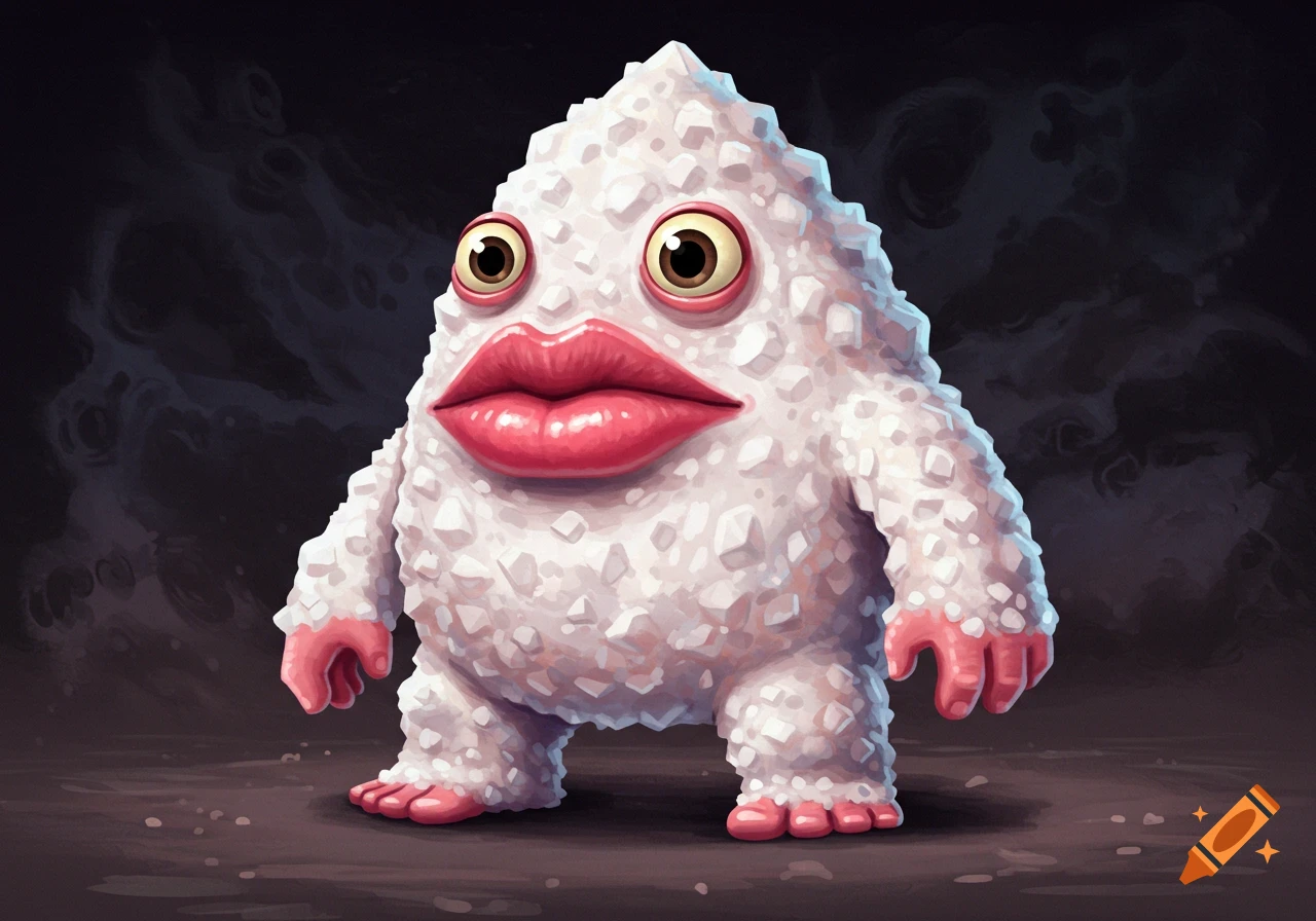A strange white crystalline monster with large pink lips, big eyes, and large feet.