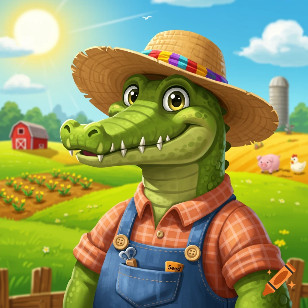 A cheerful cartoon alligator farmer in overalls and a straw hat stands in a sunny farm field.
