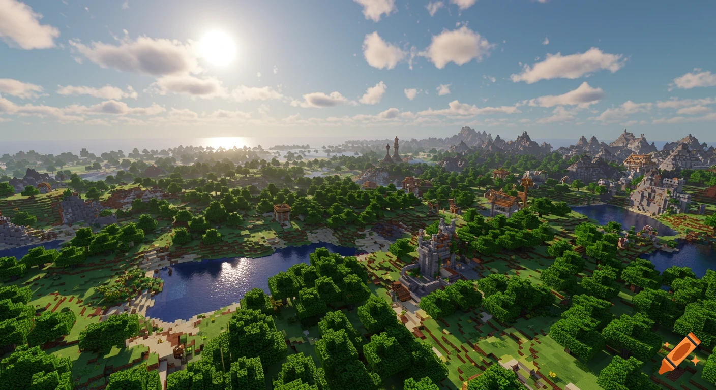 A wide view of a blocky landscape with trees, lakes, and buildings in the style of Minecraft under a sunny sky.