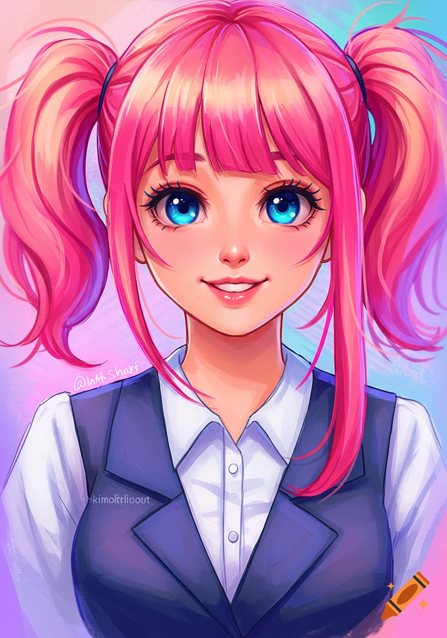 Anime portrait of a girl with pink hair in pigtails wearing a vest