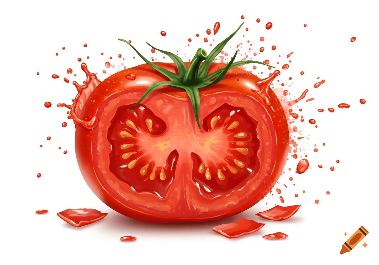Cut tomato with liquid splattering around it.