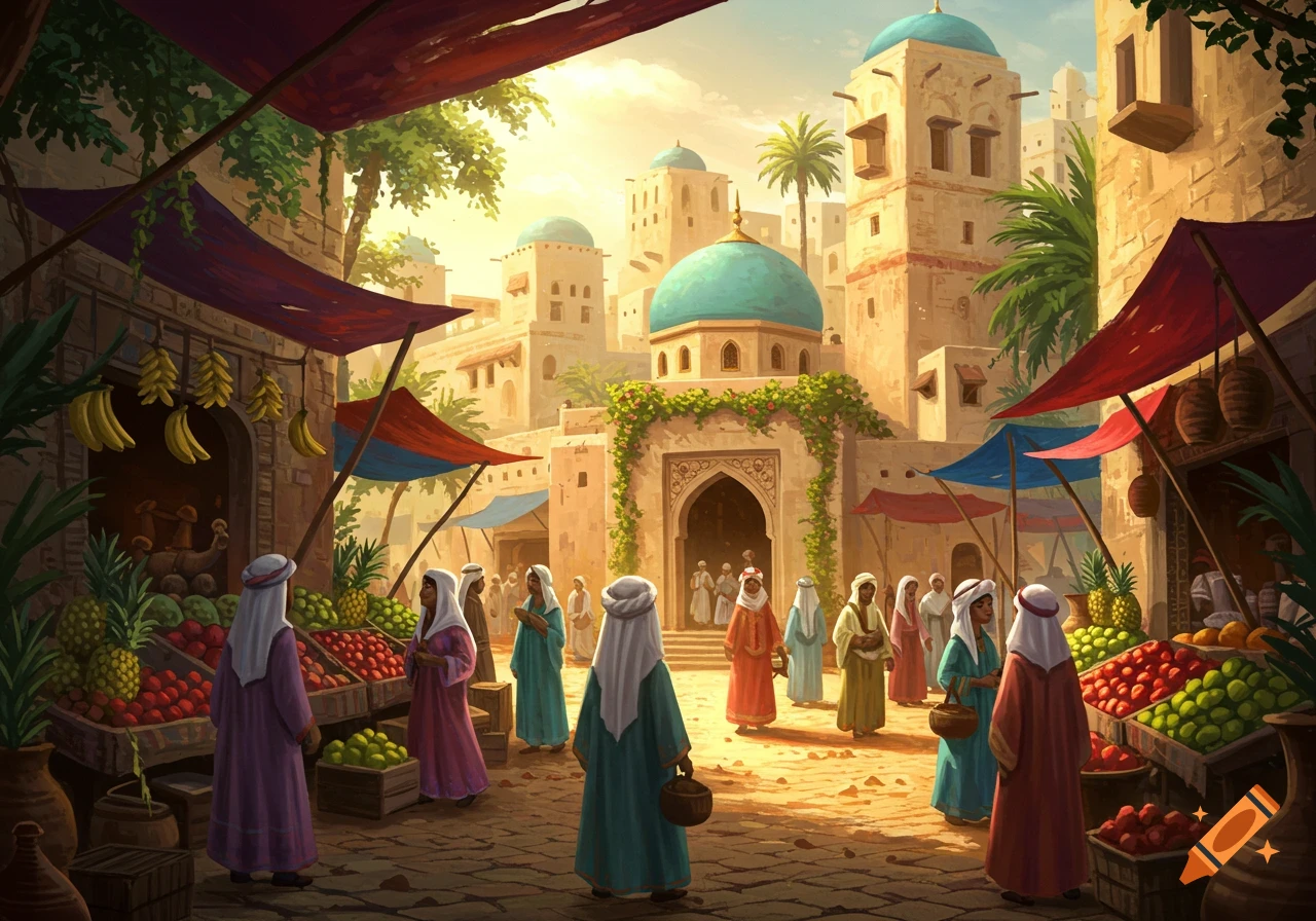 A vibrant market scene in a desert city filled with people, overflowing fruit stalls, and the distinctive shapes of domed buildings.