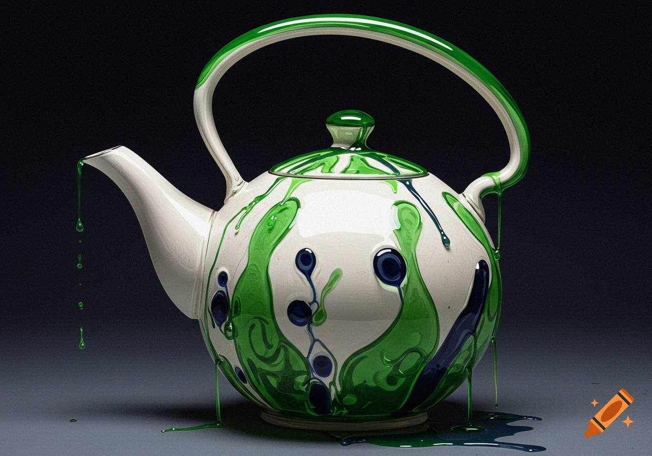 A white teapot with green and blue liquid dripping down the sides.
