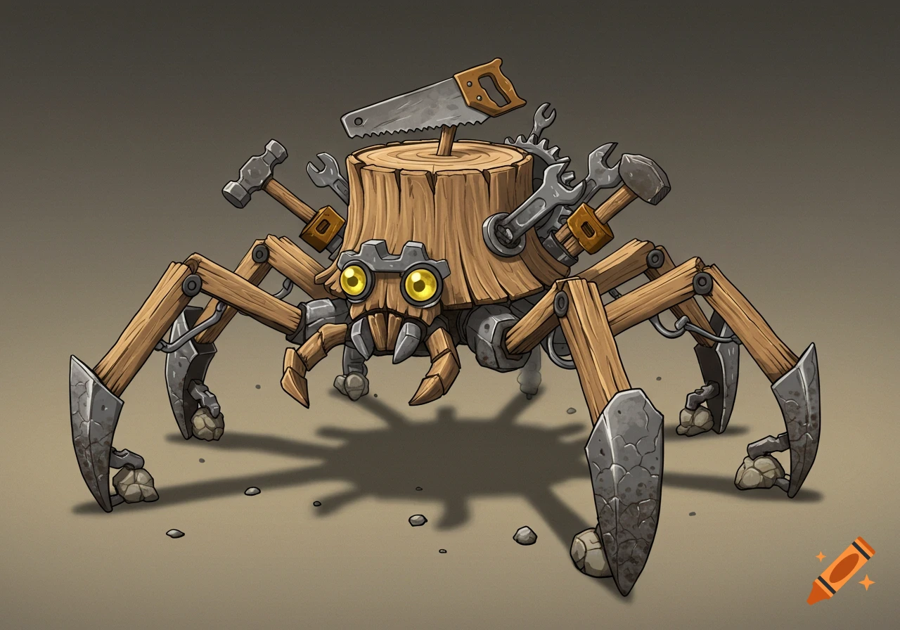 Cartoon creature made of wood and tools, resembling a spider, with a tree stump body, hammer/wrench limbs, and a saw on top.