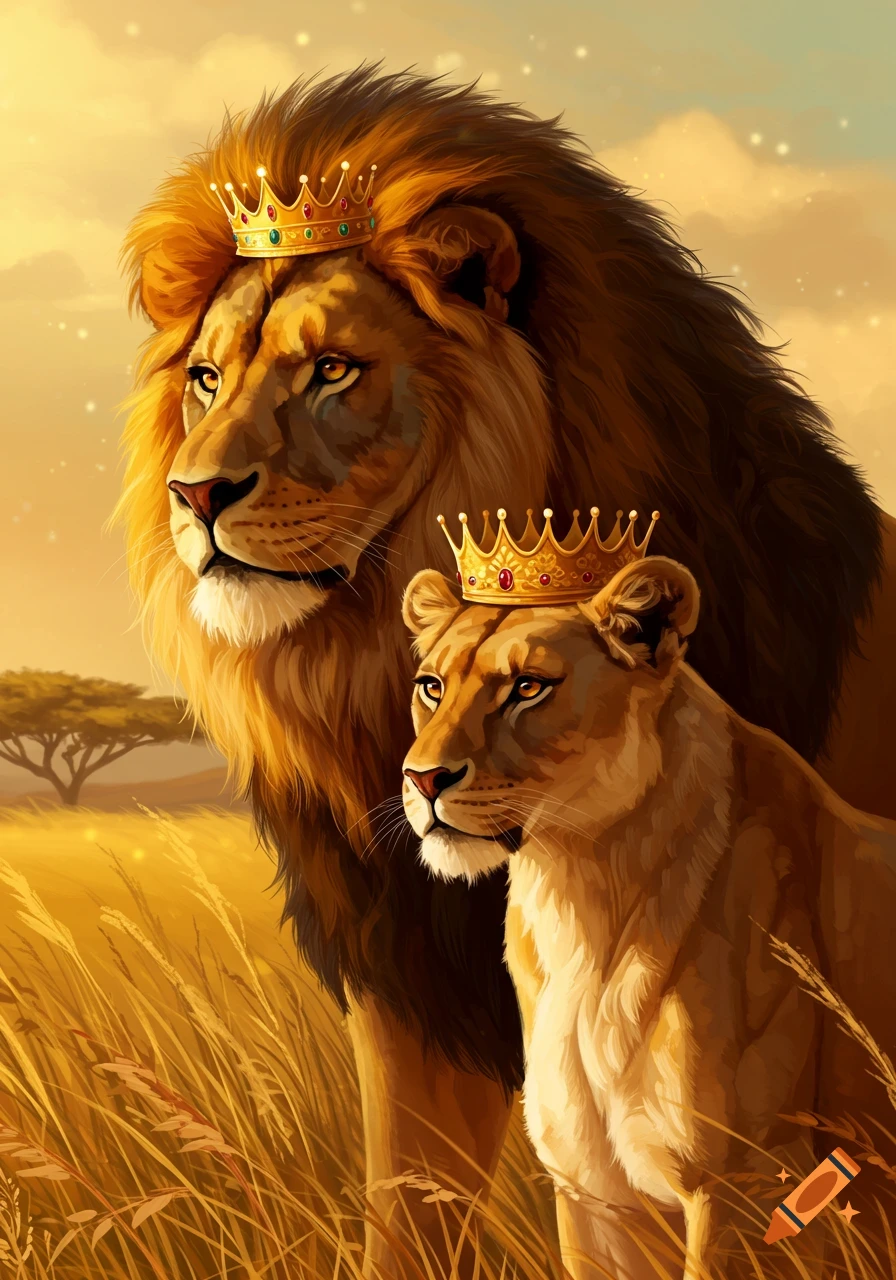 A male lion and lioness wearing crowns stand in a savanna.