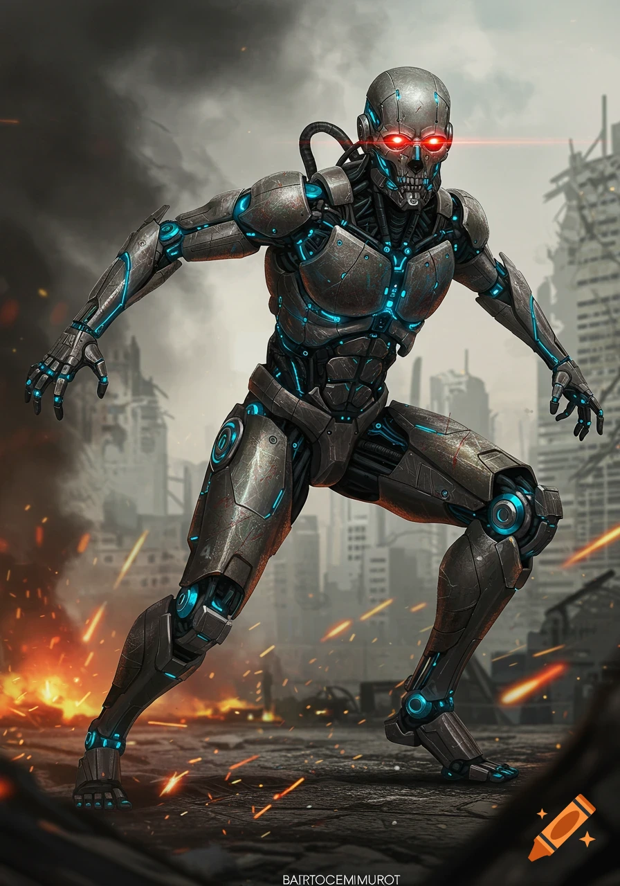 A metallic combat robot with glowing red eyes and blue lights stands in a ruined city engulfed in fire.