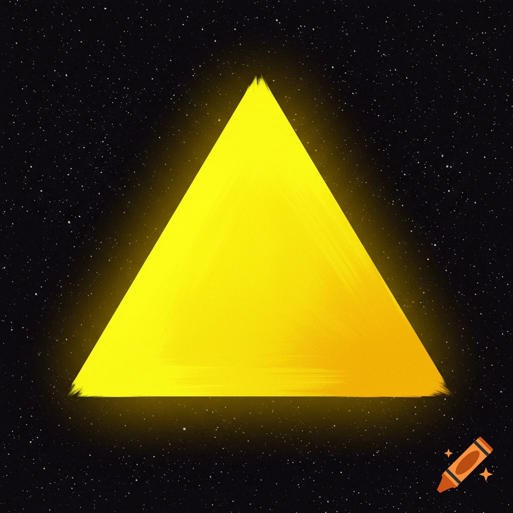A yellow triangle glows against a black background with stars.