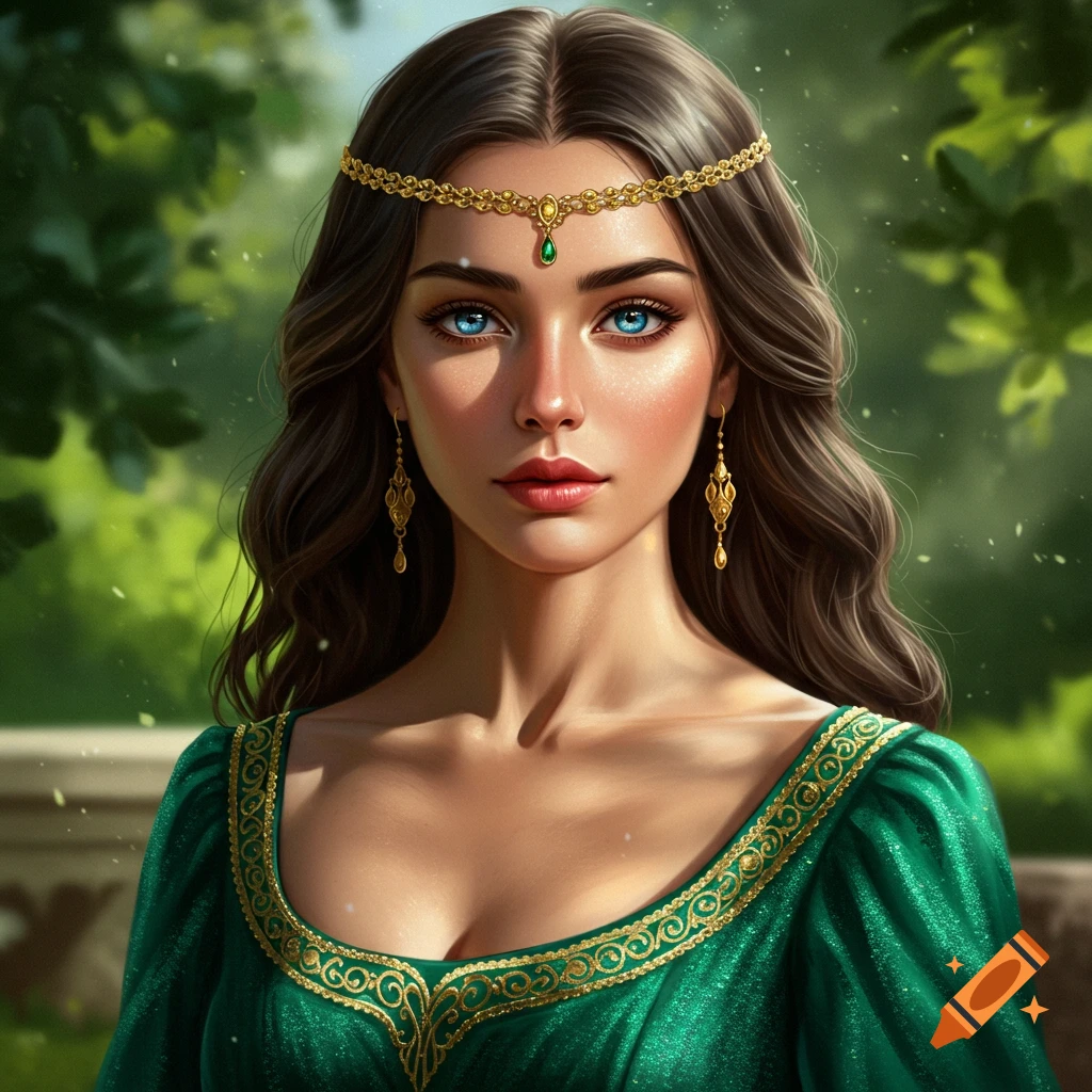 A beautiful woman in a green dress and gold headpiece outdoors.