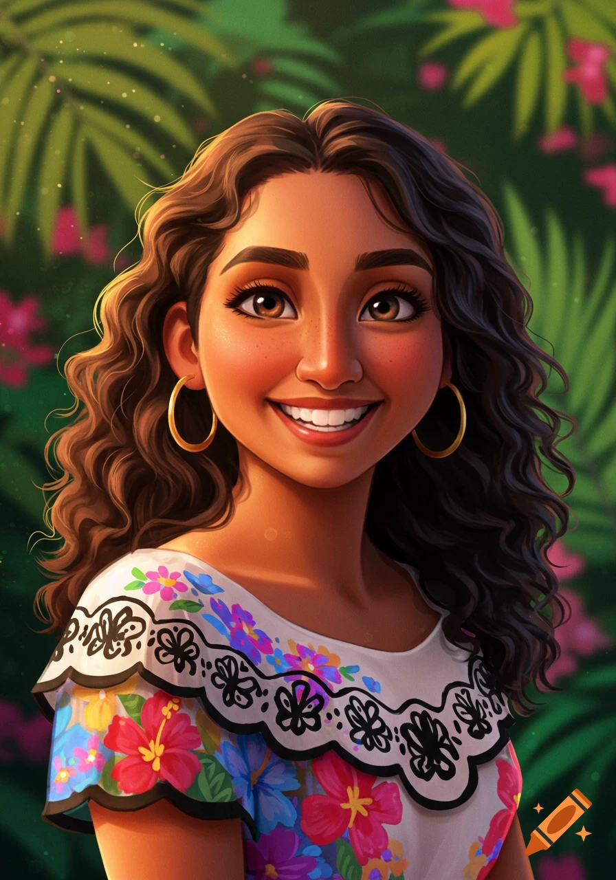 A Latina woman smiling, wearing a floral dress, against a tropical background.