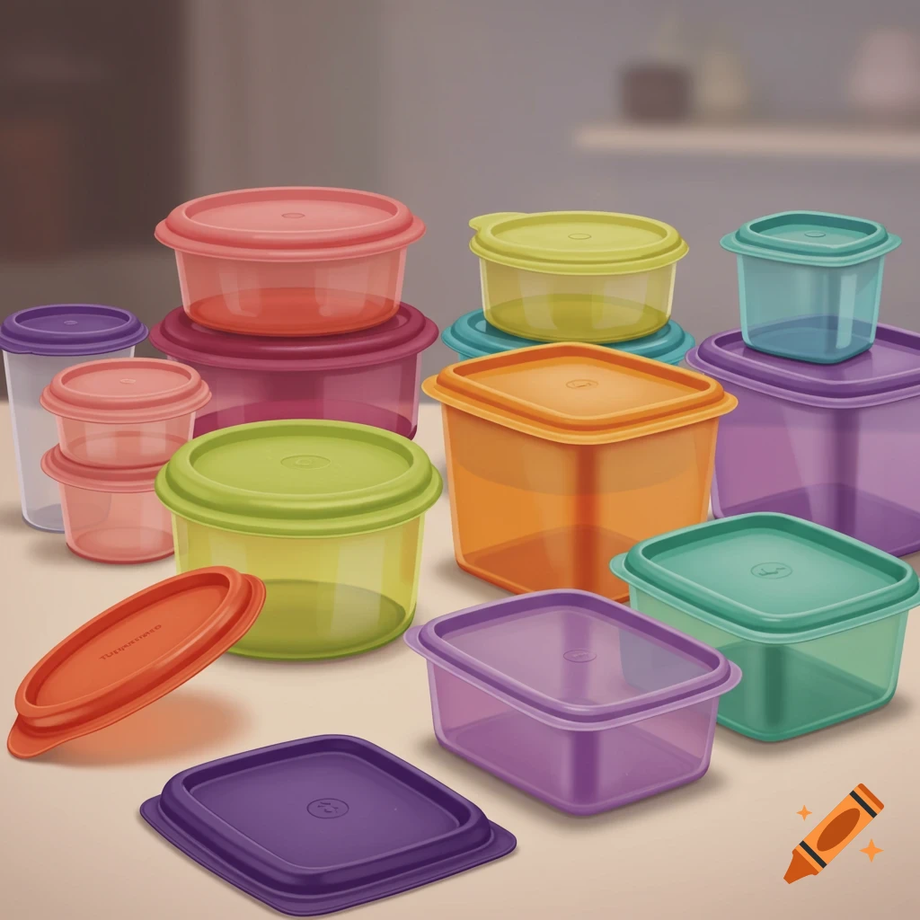 Various colorful plastic food storage containers.