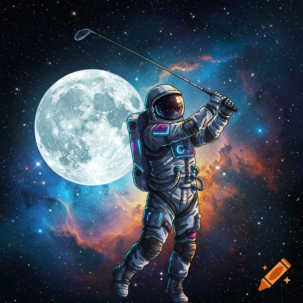 An astronaut swinging a golf club in space with the moon behind them.