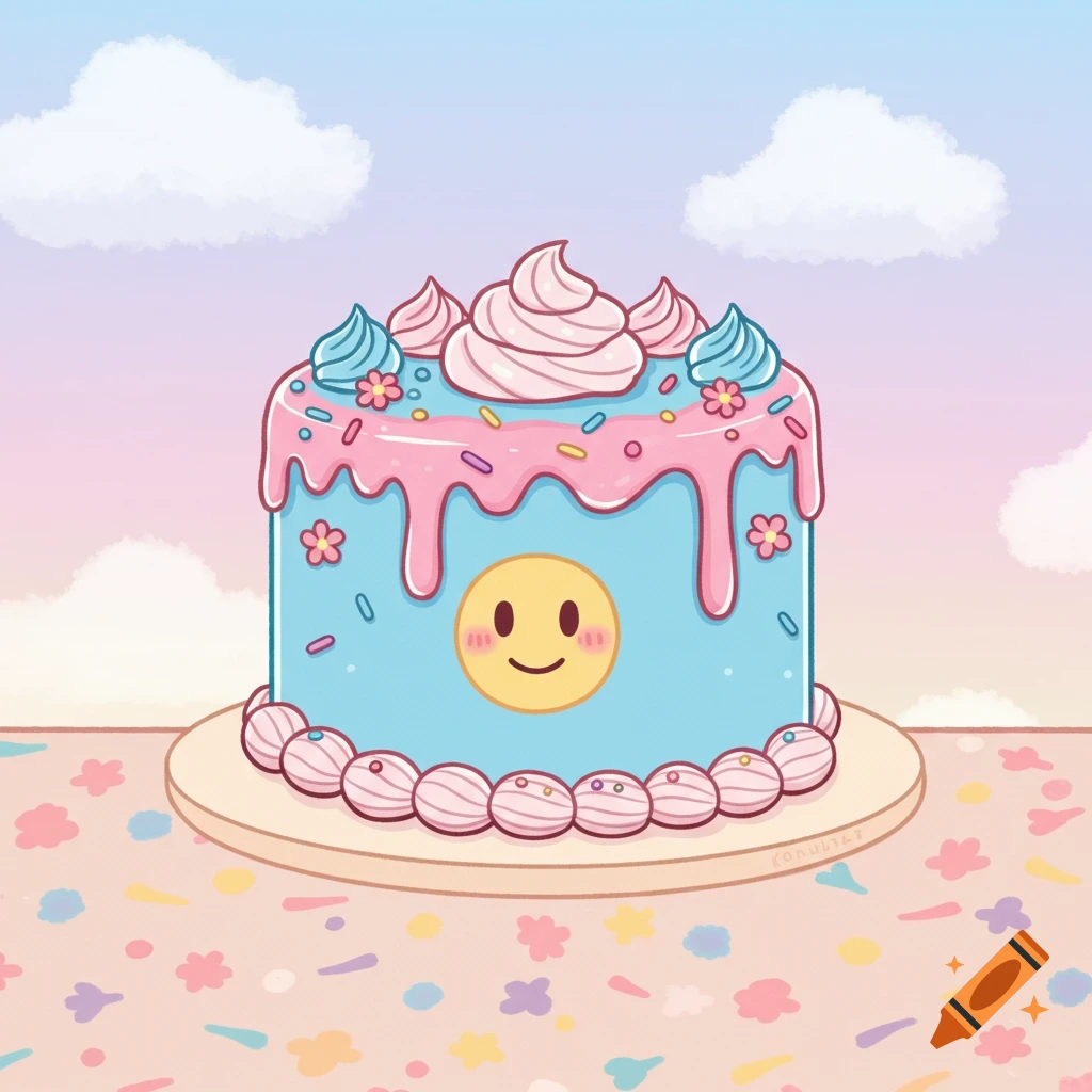 A cute cartoon blue and pink cake with a smiley face in a pastel setting.