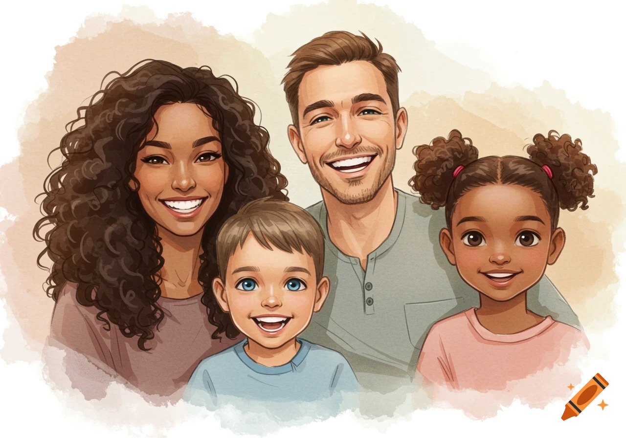A diverse family of four smiling in a watercolor portrait.