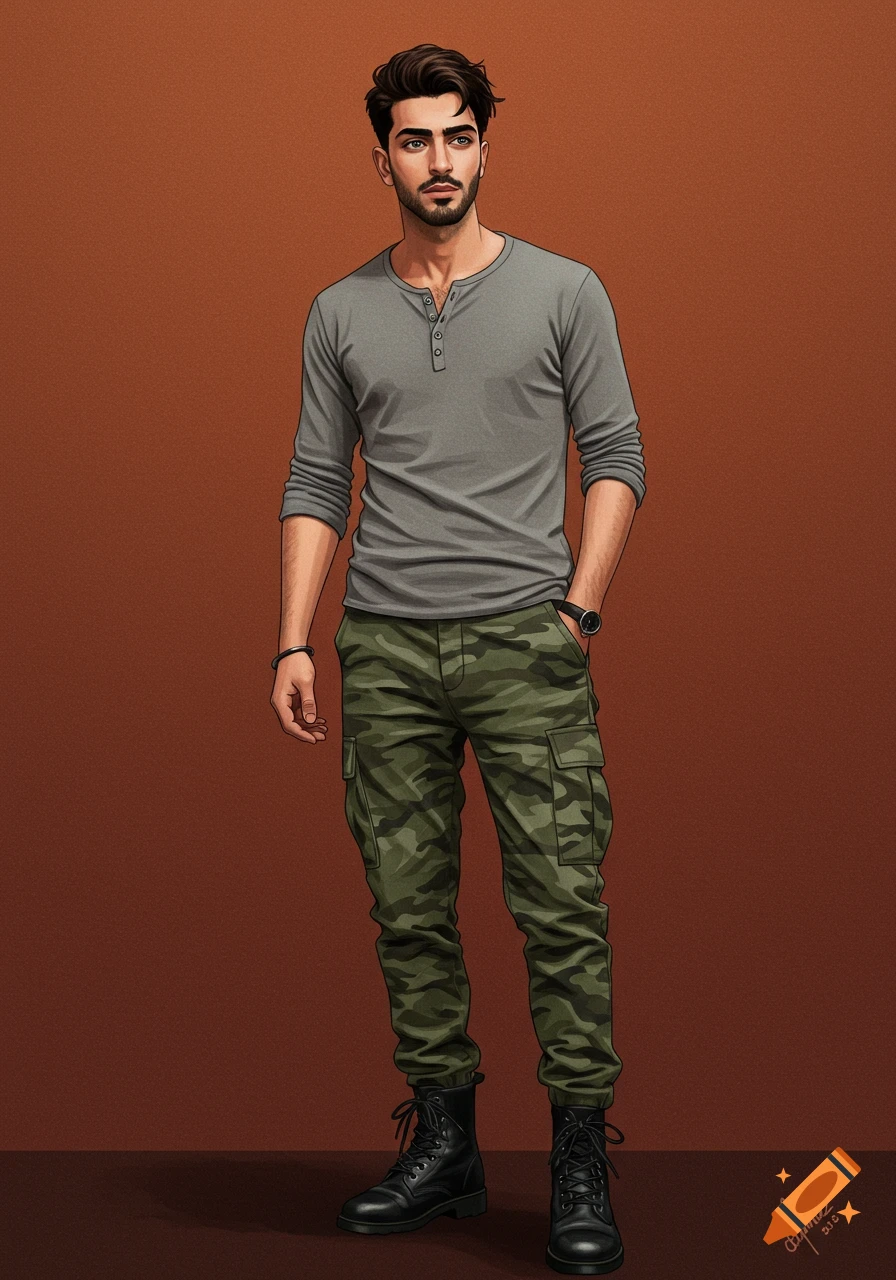 A man is wearing a gray henley, camo pants, and black boots.