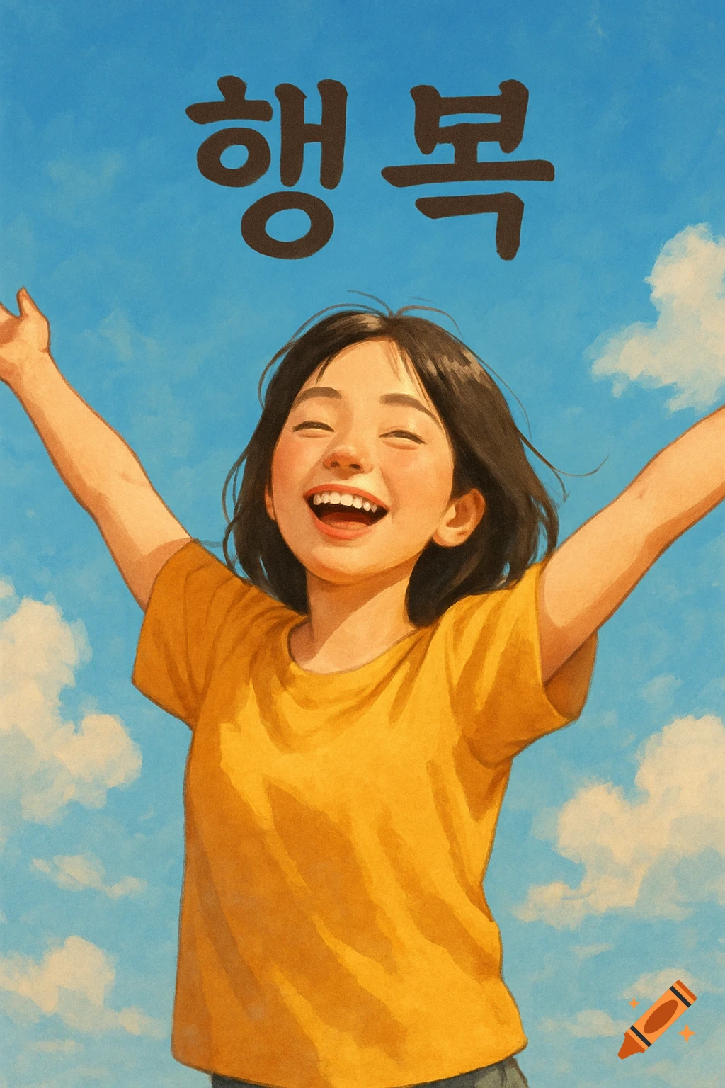 Young girl smiling with arms raised under a blue sky with Korean text.
