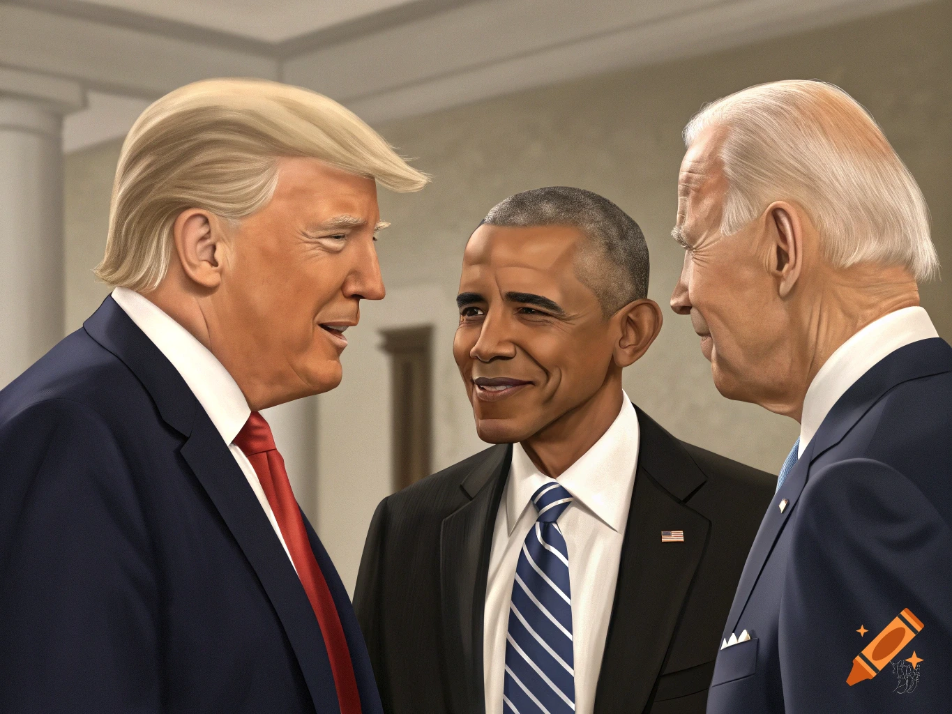 Painting of Donald Trump, Barack Obama, and Joe Biden talking