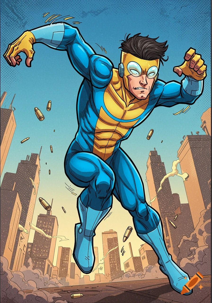 A superhero in a blue and yellow suit leaps over a city street with bullet casings falling, comic style.