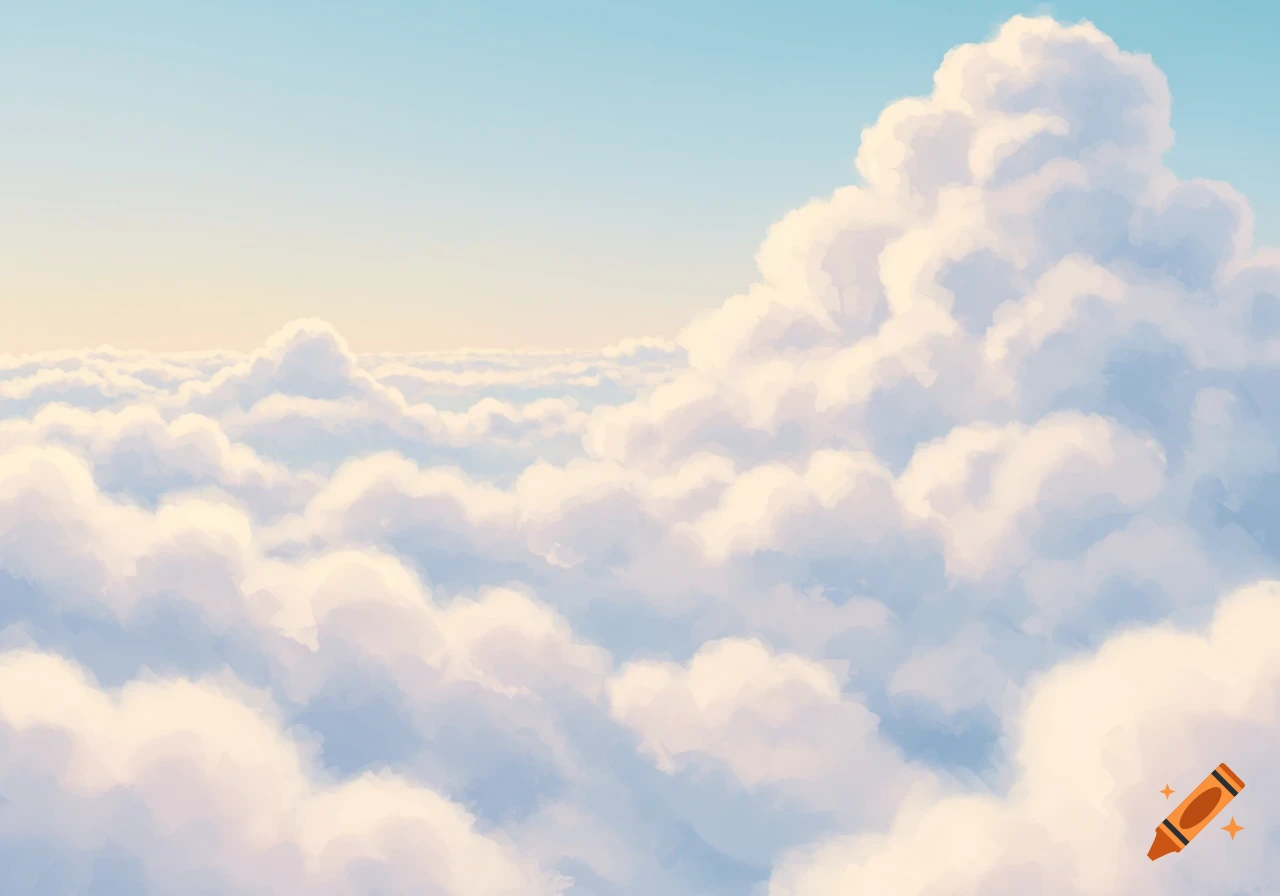 Fluffy white clouds float under a blue and yellow sky.