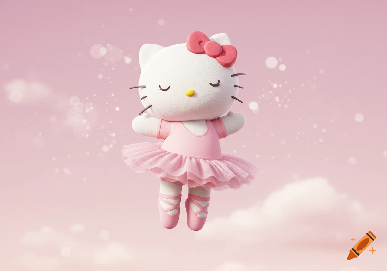 Stylized 3D render of Hello Kitty as a ballerina jumping in a pink tutu and ballet shoes against a pink sky.