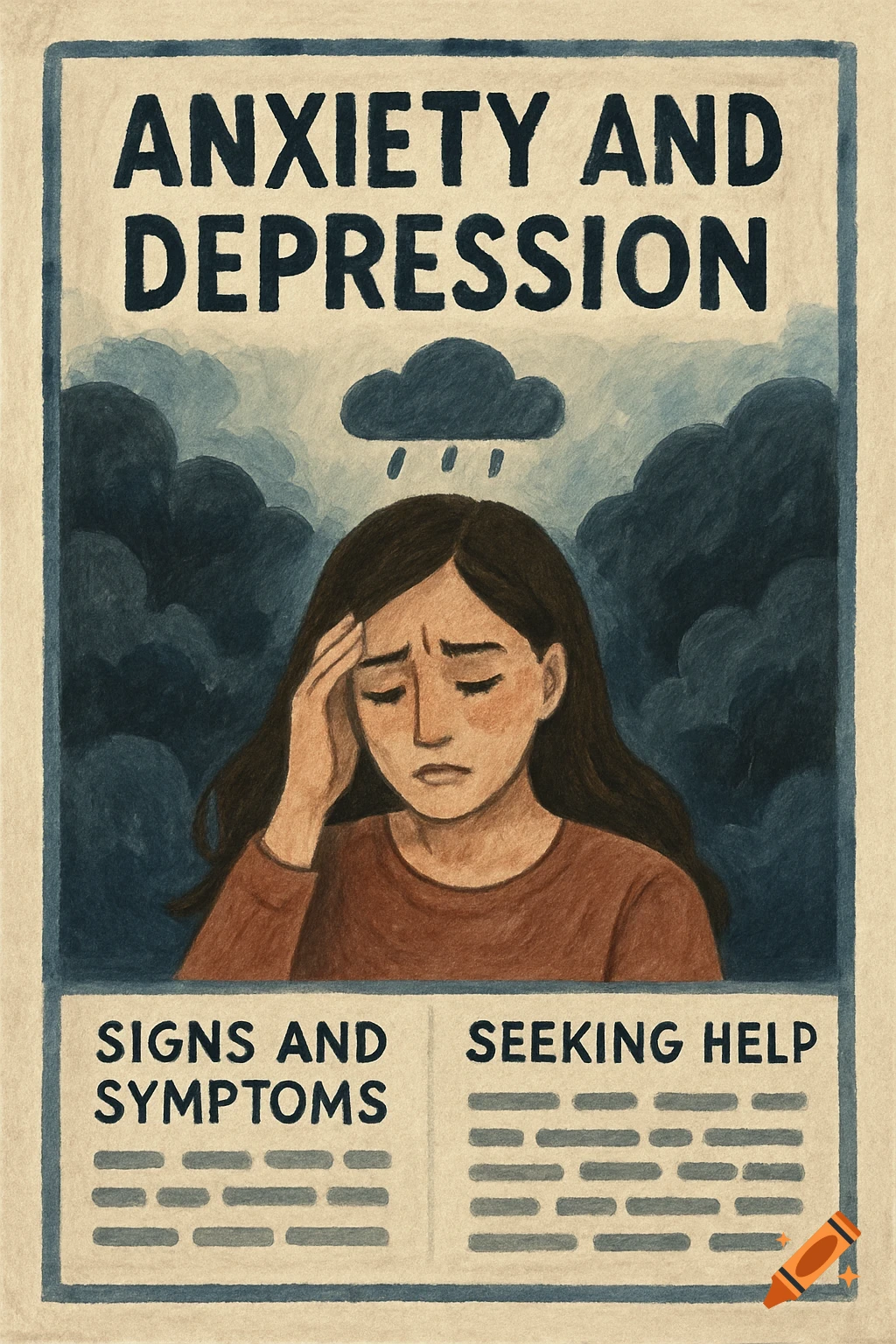 A sad woman holds her head under a rain cloud, with text "Anxiety and Depression" and sections for signs, symptoms, and seeking help.