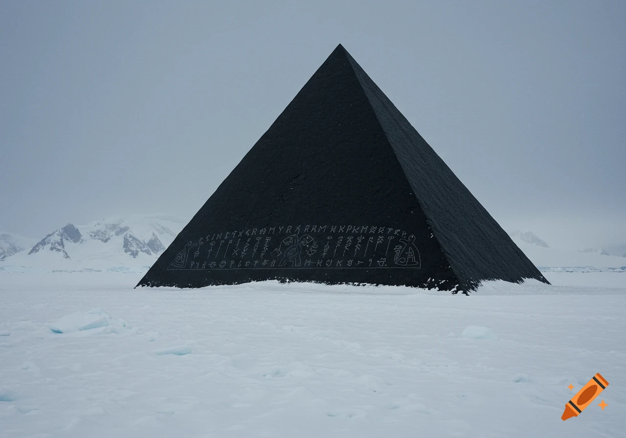 A large black pyramid with etched symbols stands in a vast snowy landscape under a grey sky, in the style of an old photograph.