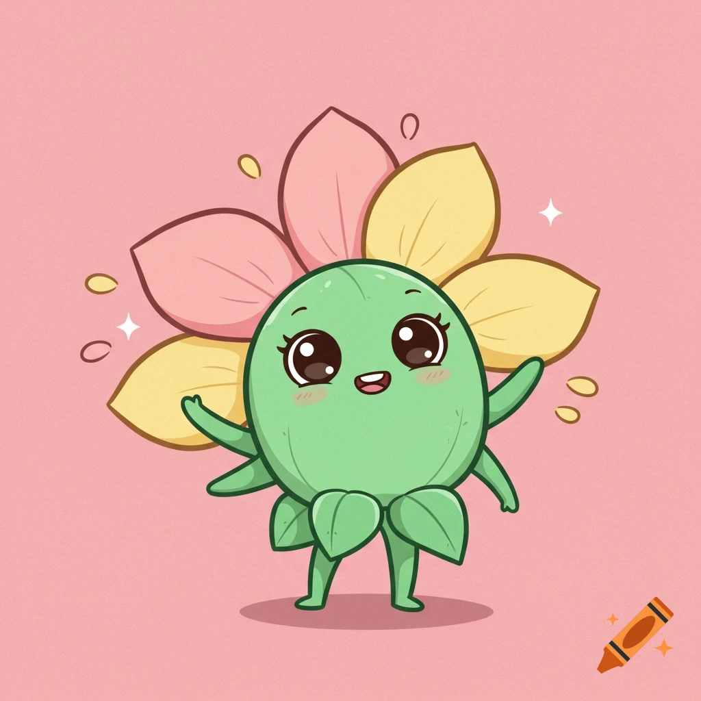 A cute cartoon green flower character with large eyes and pink and yellow petals stands on a pink background.