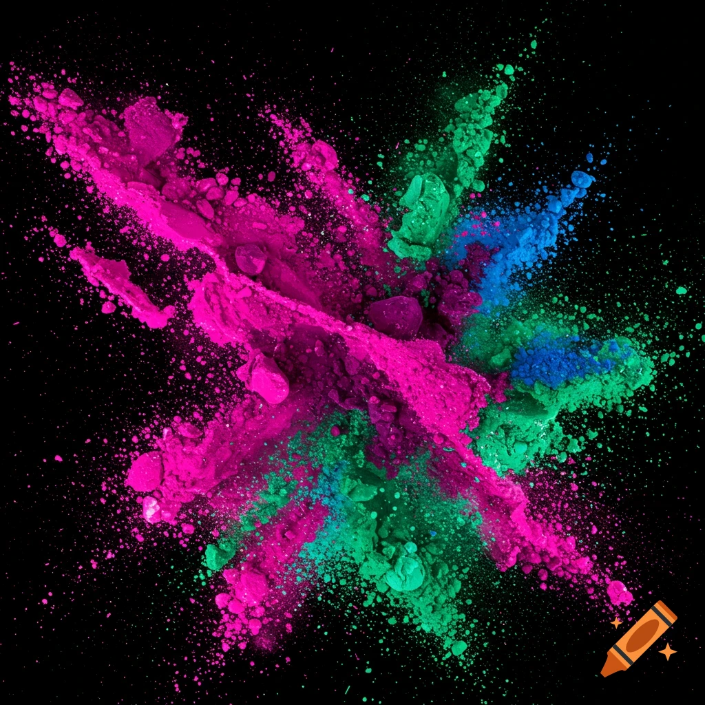 Explosion of pink, green, and blue powder on black.