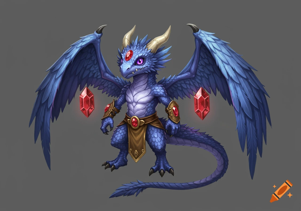 A detailed image of a blue wyvern with red gems and armor.