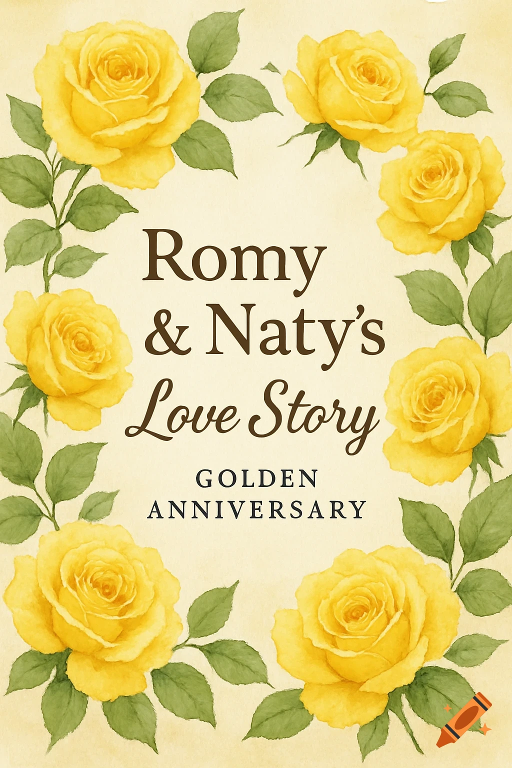 Title page with yellow roses surrounding text 'Romy & Naty\u2019s Love Story GOLDEN ANNIVERSARY'
