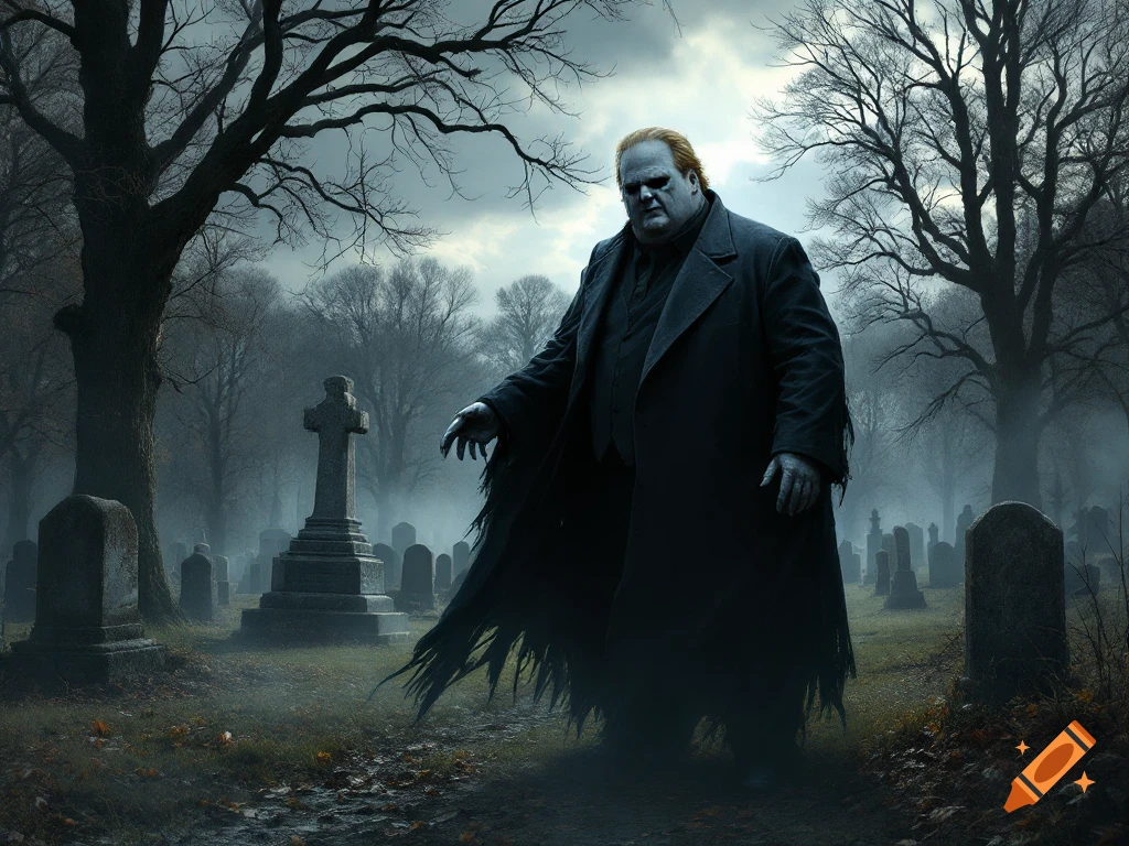 A large, pale figure in a dark coat stands in a foggy, overgrown graveyard.
