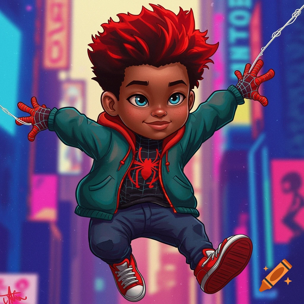 Cartoon child superhero swinging in a city, with red hair and blue eyes, wearing a Spider-Man-like outfit.