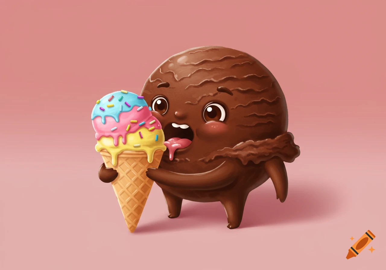 A cute cartoon chocolate ice cream character holding and licking a colorful ice cream cone.