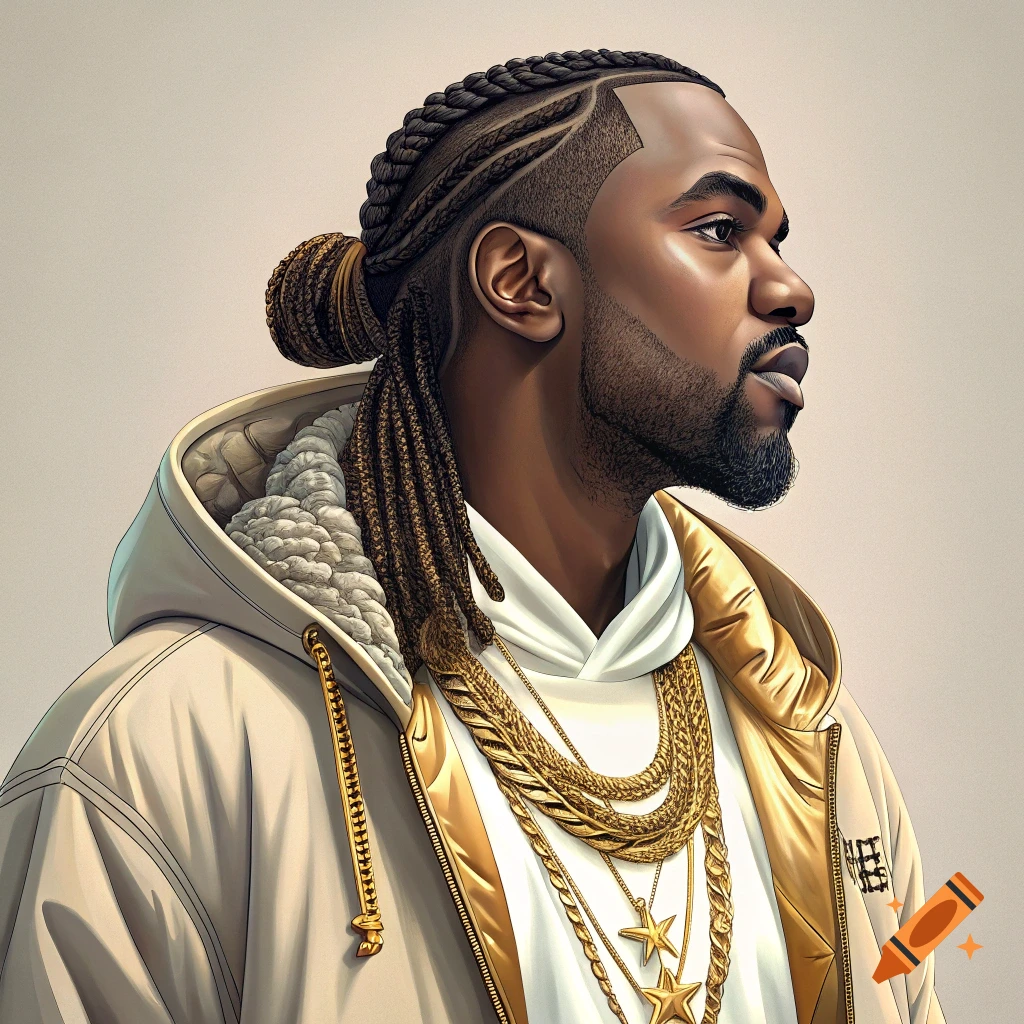 Stylized portrait of a man resembling Kanye West with braided hair, beard, white jacket, and gold chains.