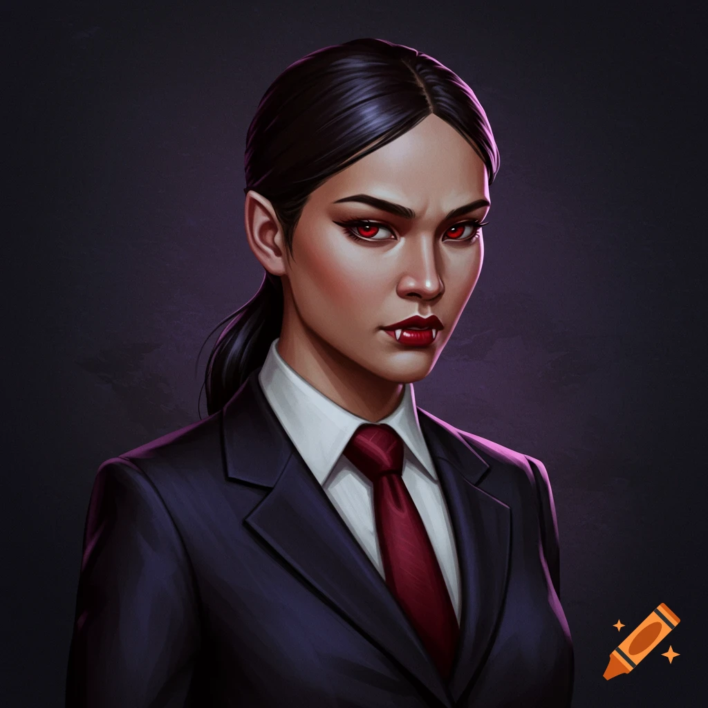 A businesswoman vampire with red eyes and fangs wearing a suit.