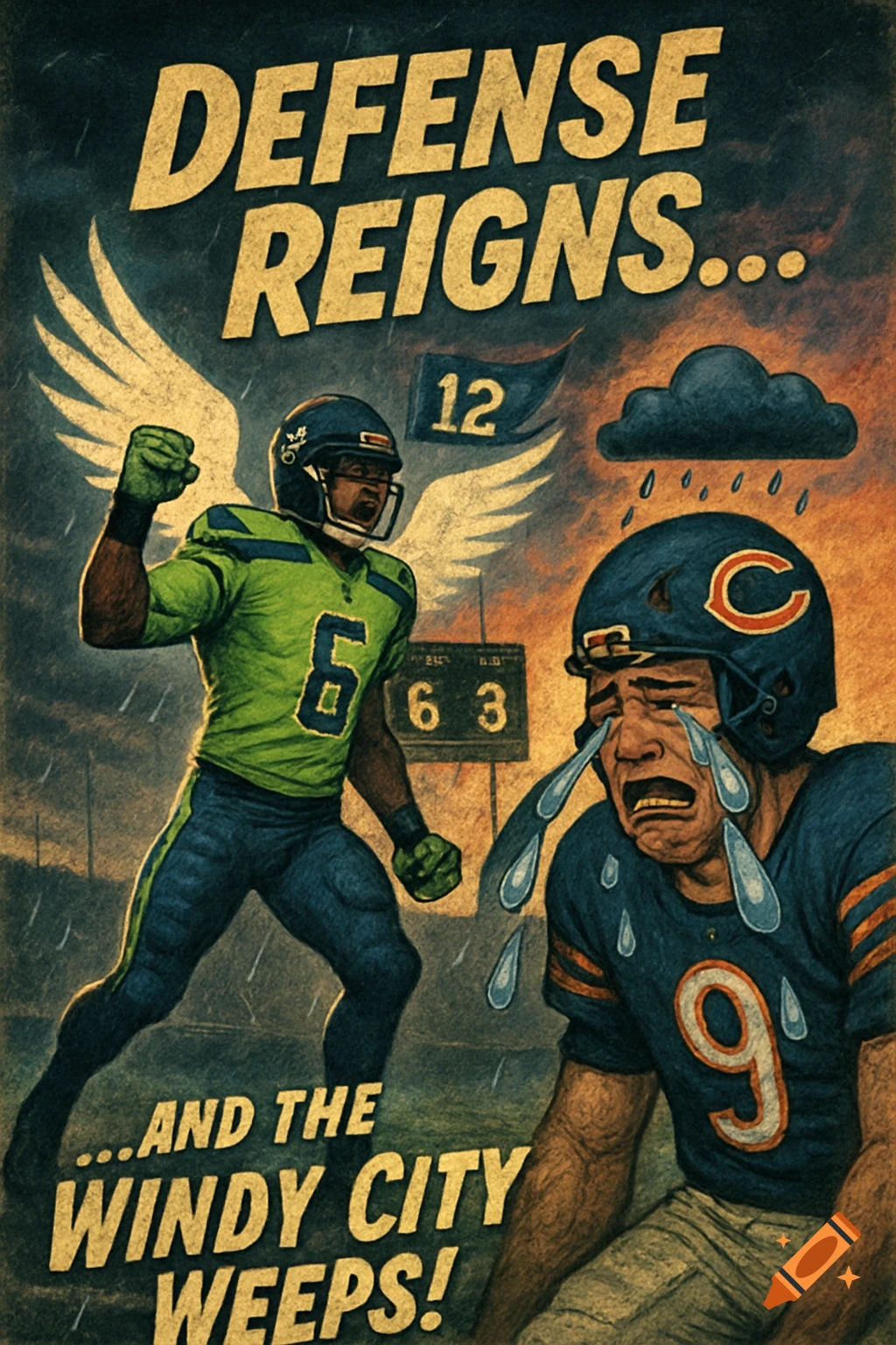 Retro sports poster of triumphant Seahawks player with wings and crying Bears player in rain, with text "Defense Reigns... and the Windy City Weeps!".