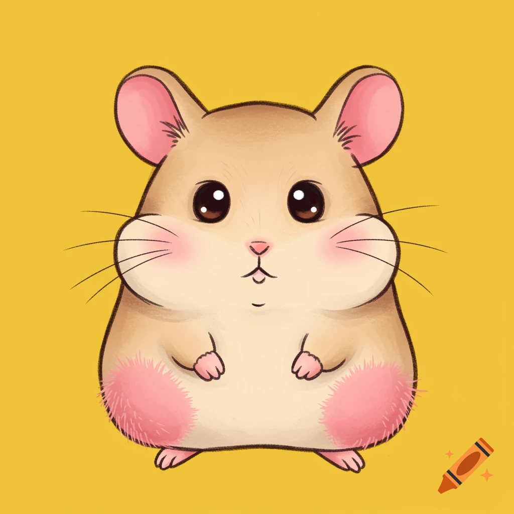 A cute cartoon hamster with pink ears and feet against a yellow background.