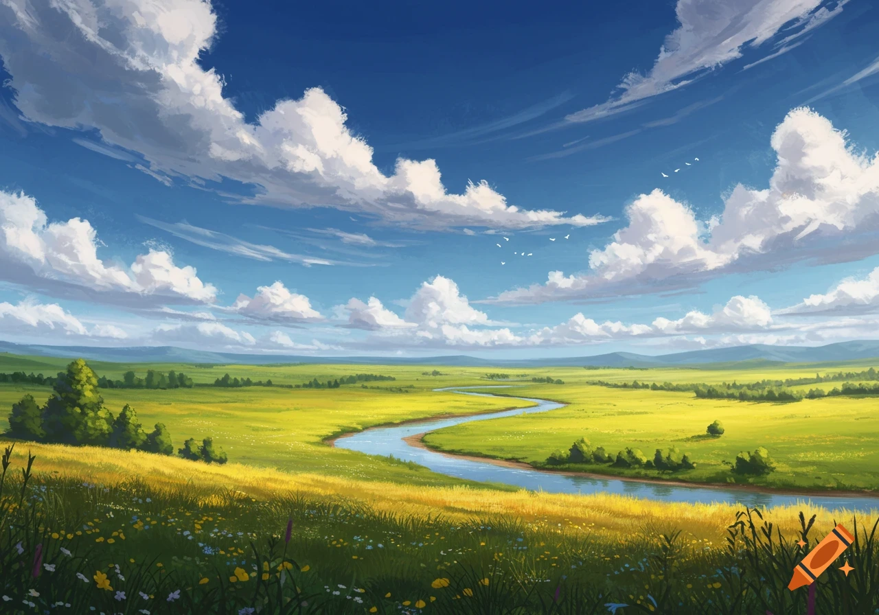 A winding river flows through green fields under a blue sky with white clouds.