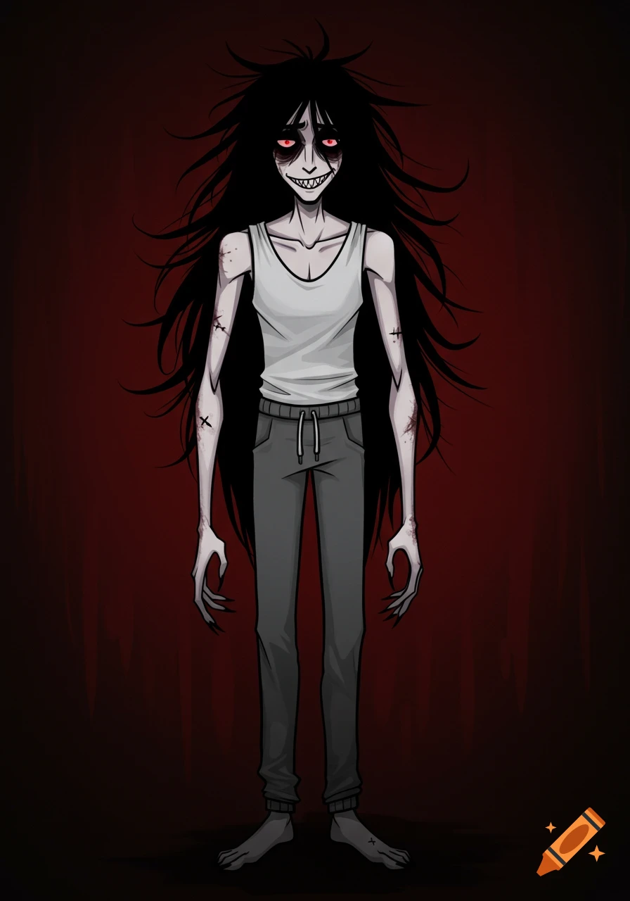 Stylized horror illustration of a gaunt creature with red eyes, sharp teeth, long black hair, wearing a tank top and sweatpants.