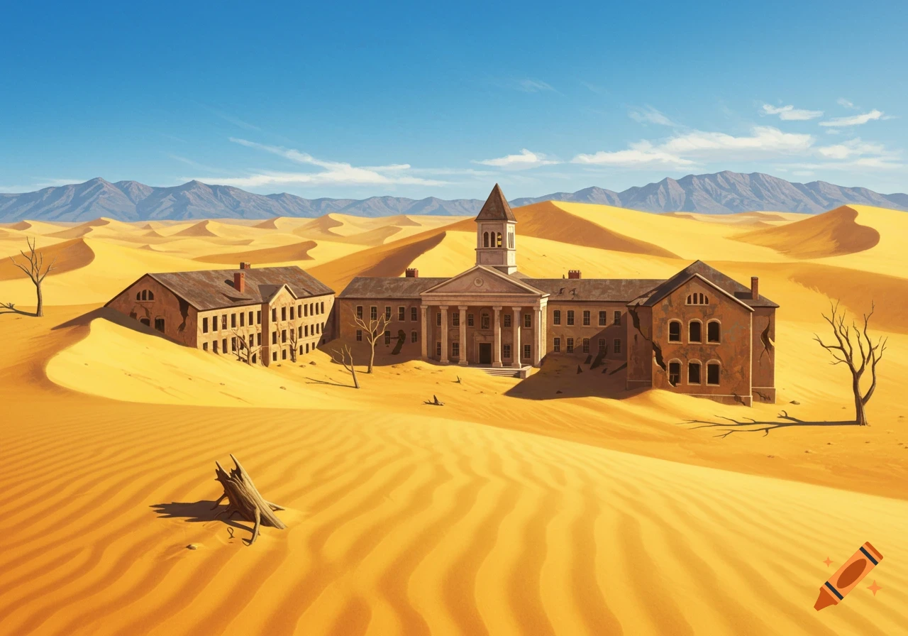 A large building is partially buried in desert sand dunes with mountains in the background.