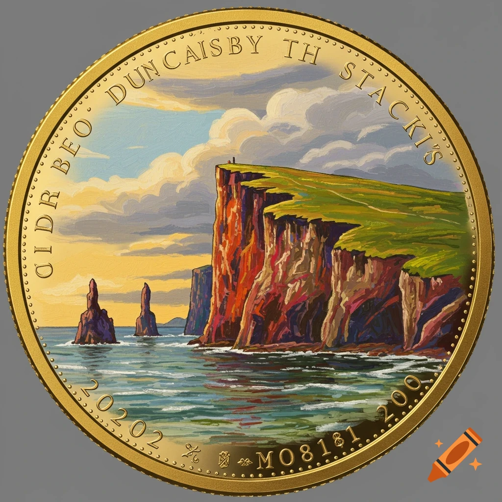 A gold coin shows sea stacks and cliffs by the ocean under a cloudy sky.