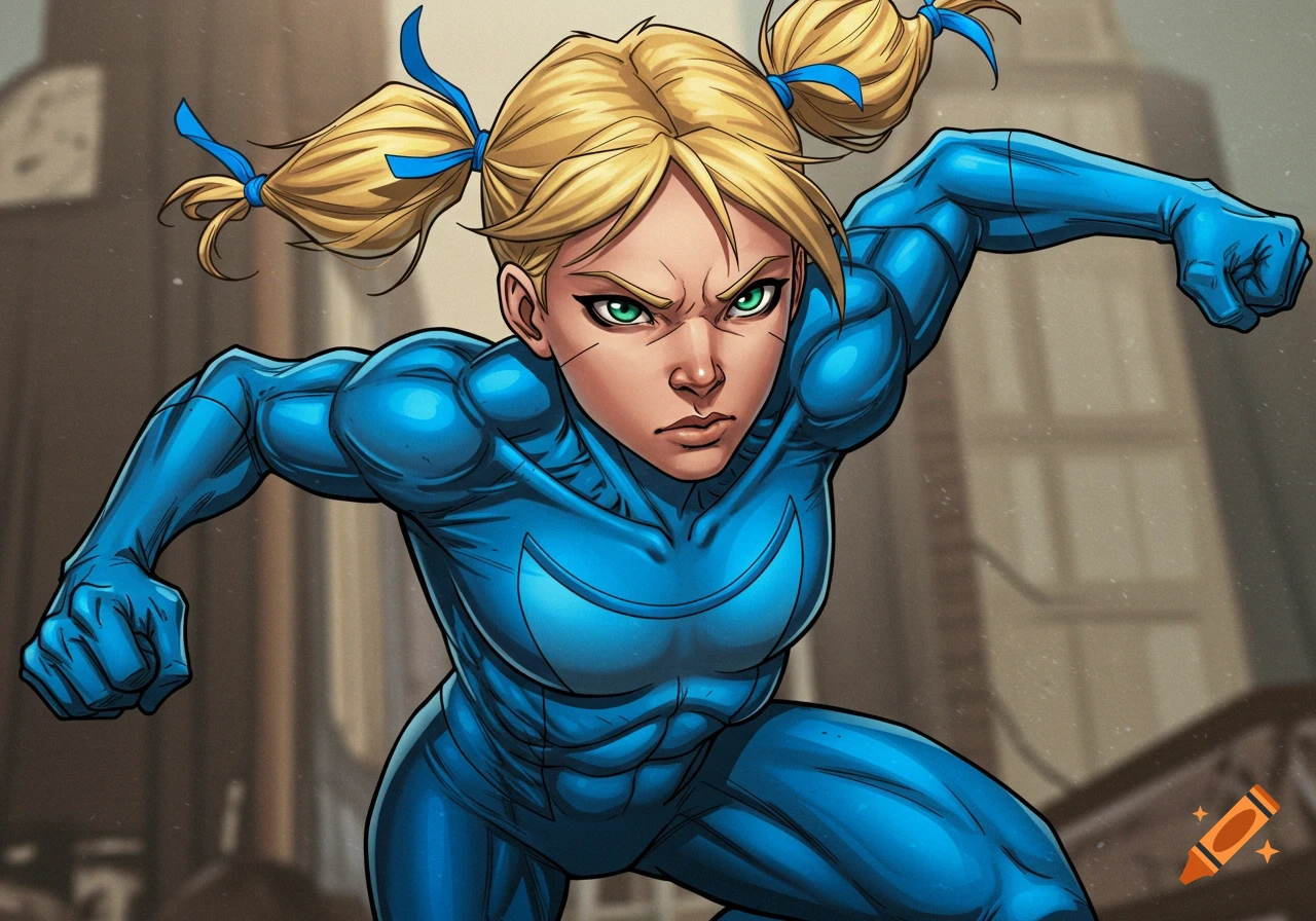 Blonde female superhero in blue suit in comic art style