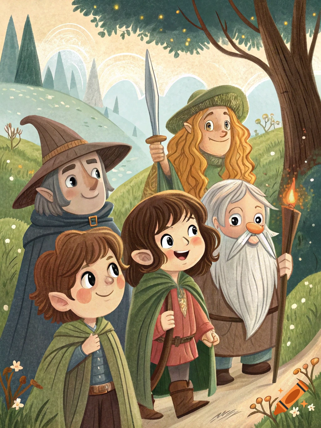 Illustrated group of fantasy characters walking on a path