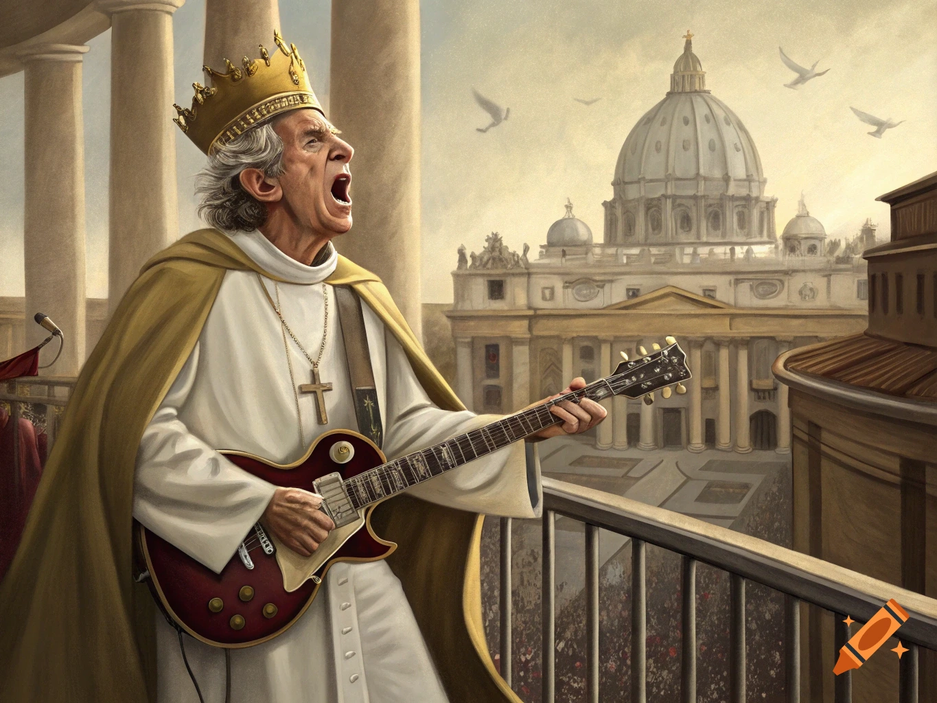 Pope playing intense guitar solo on a balcony overlooking a crowd at St. Peter's Basilica. Painterly style.