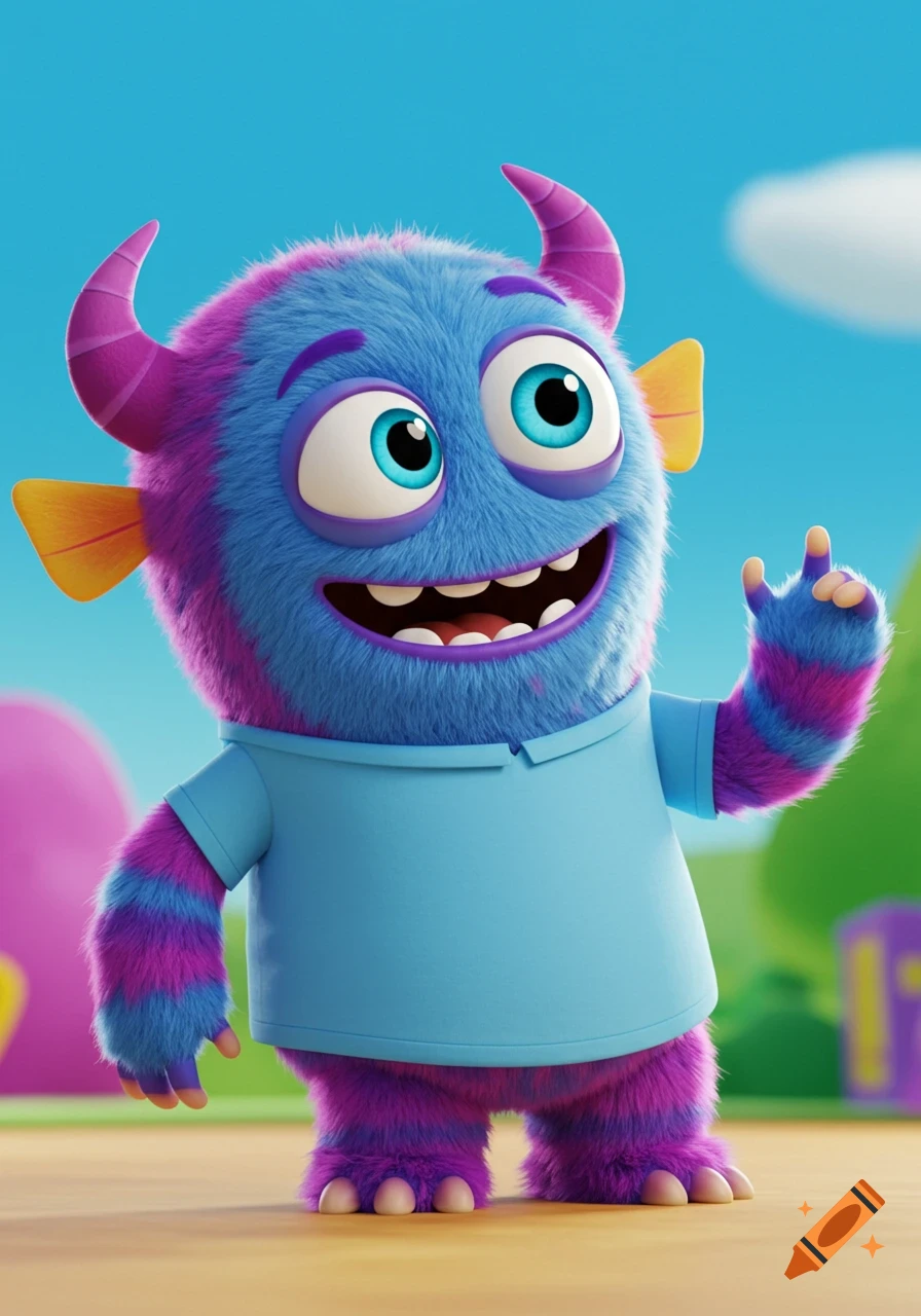 A fluffy cartoon monster in blue and purple fur wears a light blue shirt, smiling and waving.