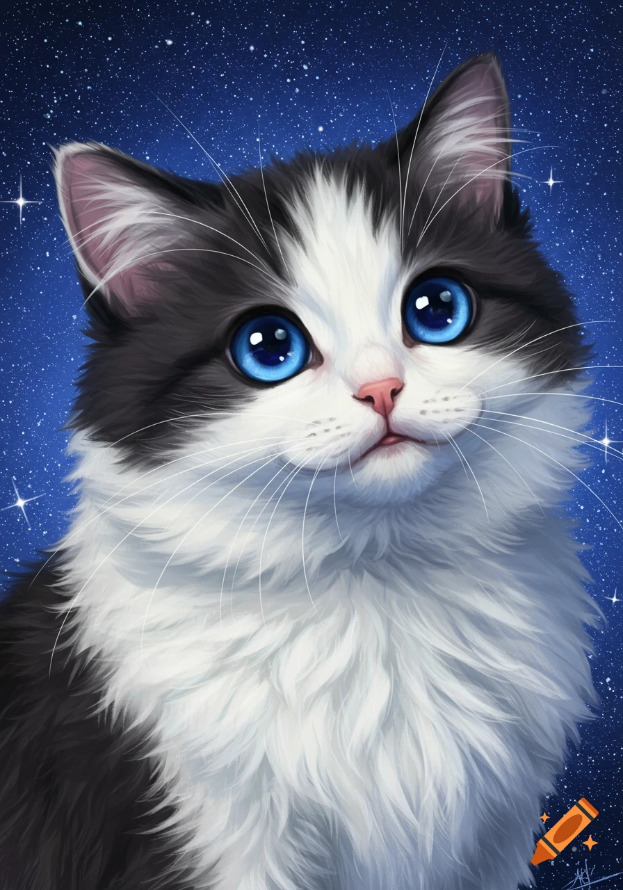 A cute black and white cat with blue eyes against a starry background.