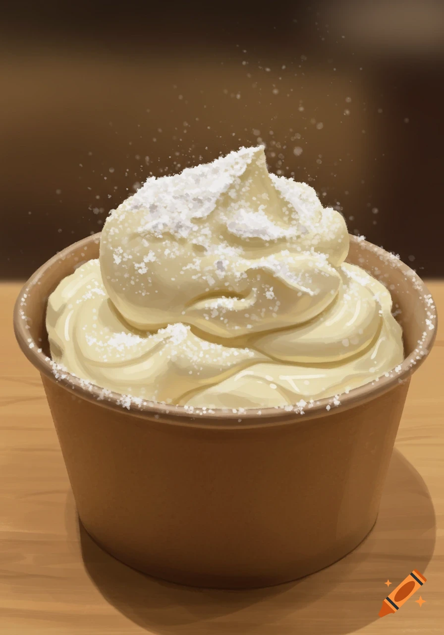 A paper bowl filled with cream cheese and powdered sugar.