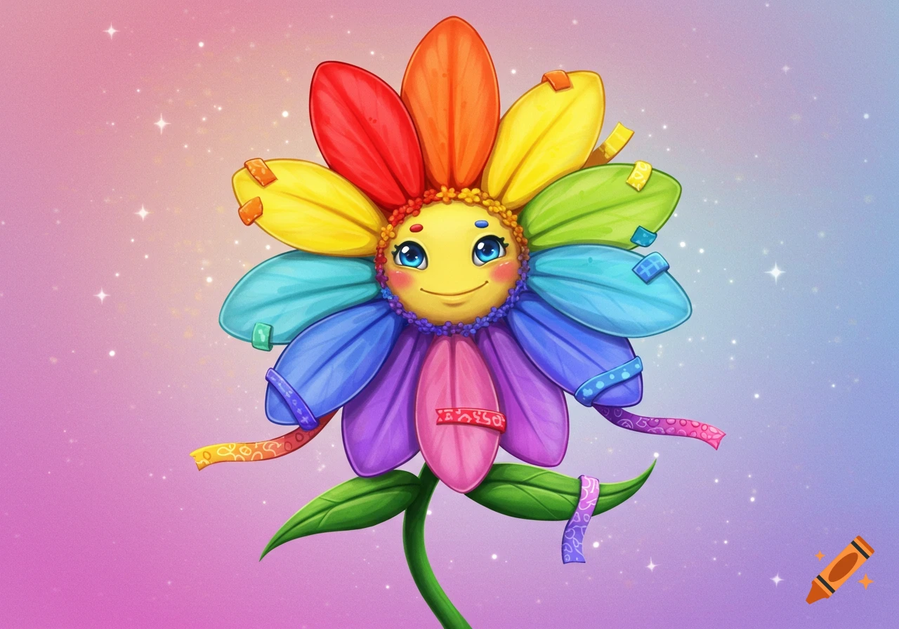 A smiling rainbow flower with a face and ribbons.