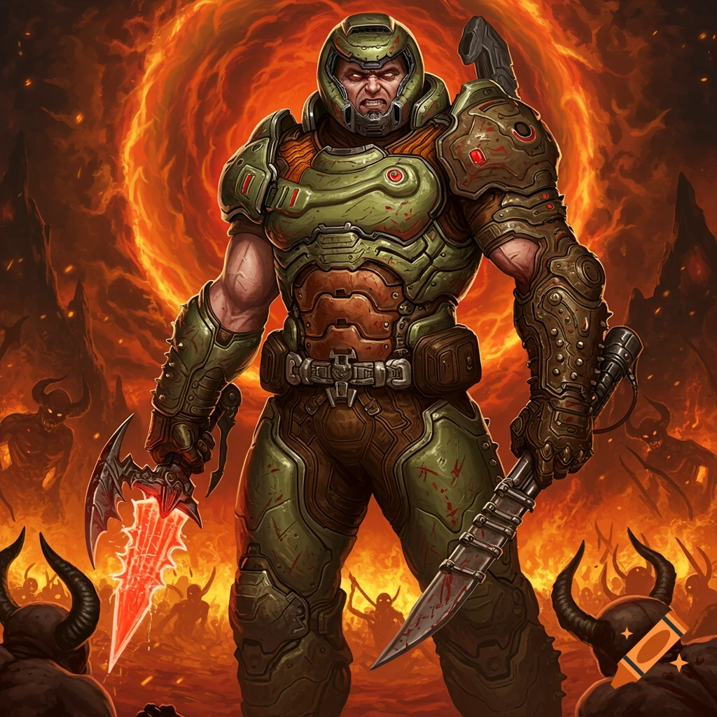 The Doom Slayer stands in a hellish landscape, gripping two blood-soaked weapons.