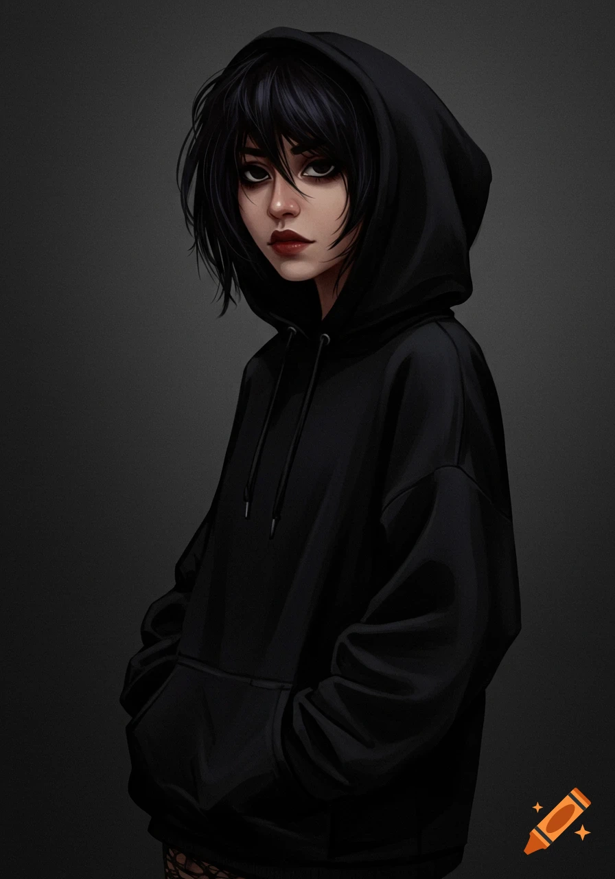 A person with dark hair wearing a black hooded sweatshirt.