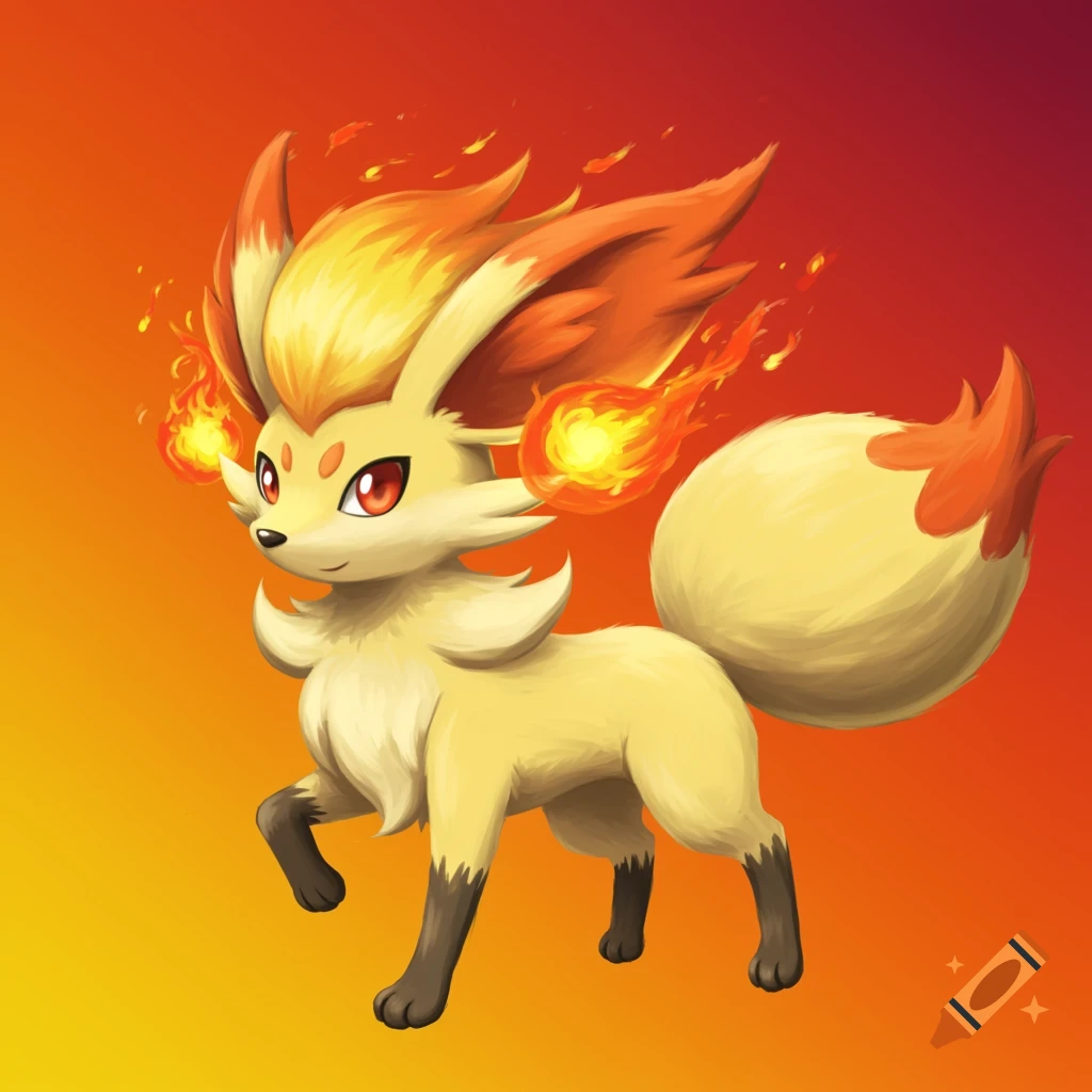 A fire-type creature resembling a Fennec fox with fiery fur and tail, standing against an orange gradient background.